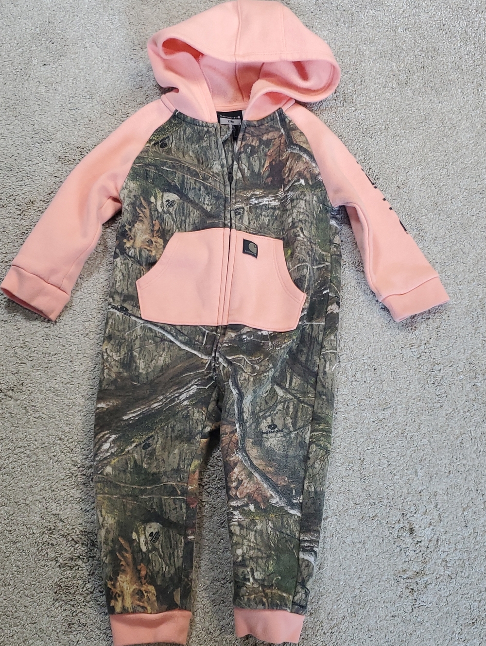 Carhartt Infant Girls Peach & Camo Fleece Zipped Coverall. 12 Months